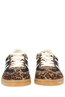 Premiata women’s Bonnied sneaker leopard print with black mesh panels white laces and gum rubber sole