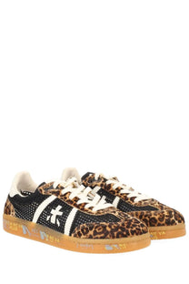 Premiata women’s Bonnied sneaker in leopard print with black mesh panels white laces and tan rubber sole