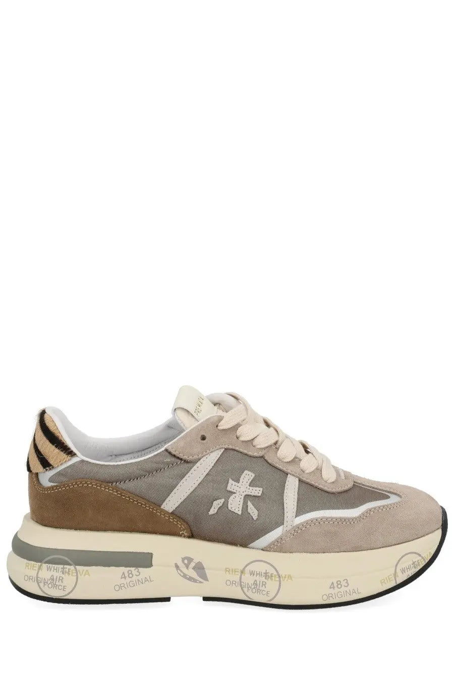 Premiata women’s cassie sneaker beige and brown suede with white laces gray panel silver star logo and off white sole