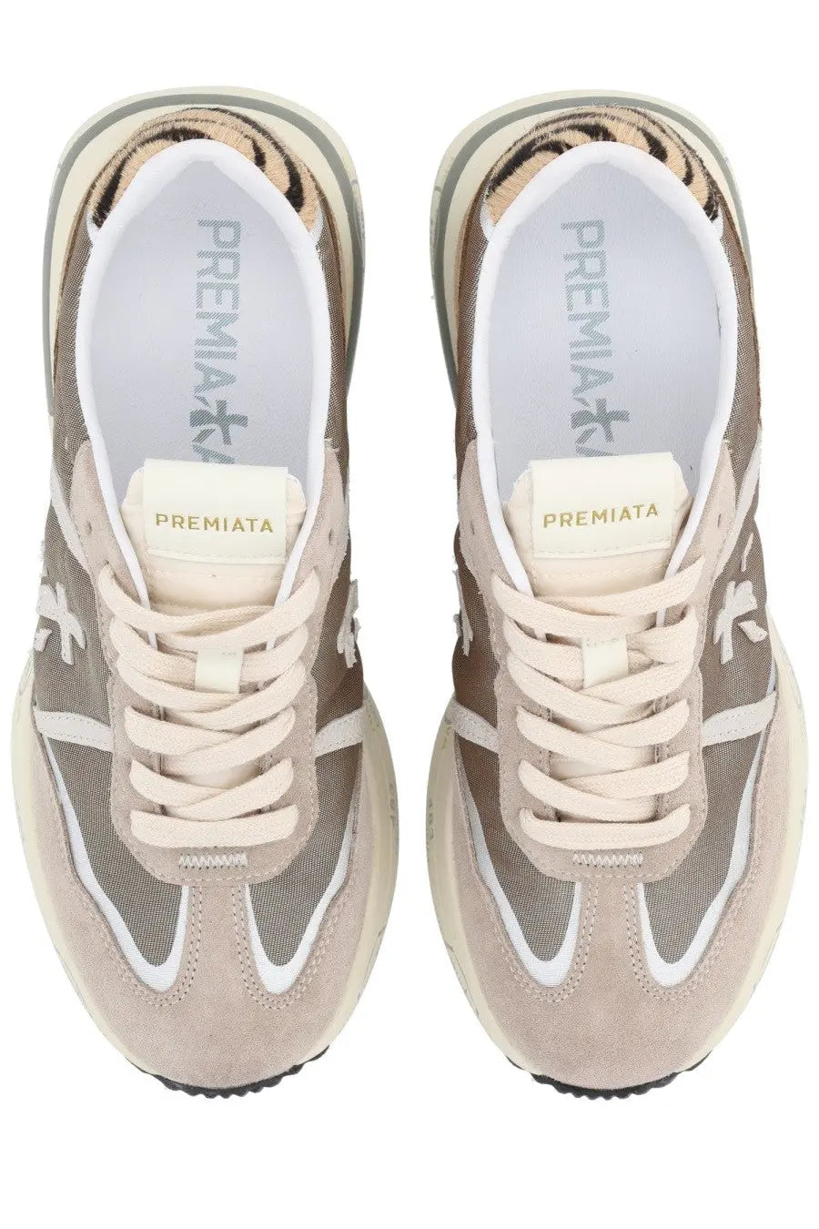 Premiata women’s cassie sneaker multicolor in beige and gray with tiger print heel lining white laces and white stripes