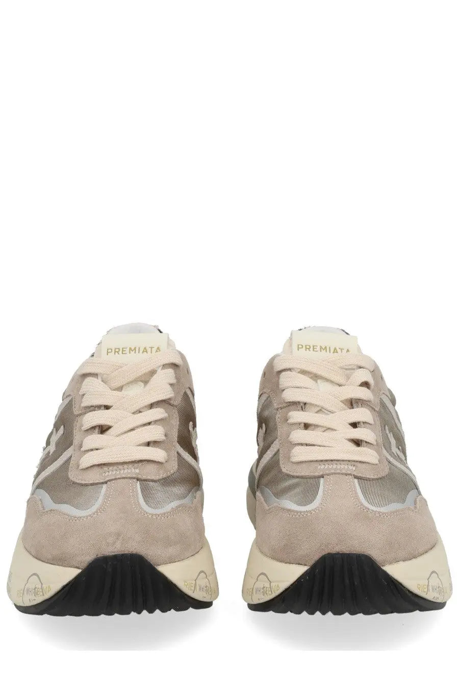 Beige premiata women’s cassie sneaker with mesh and suede panels cream laces and chunky black and cream sole