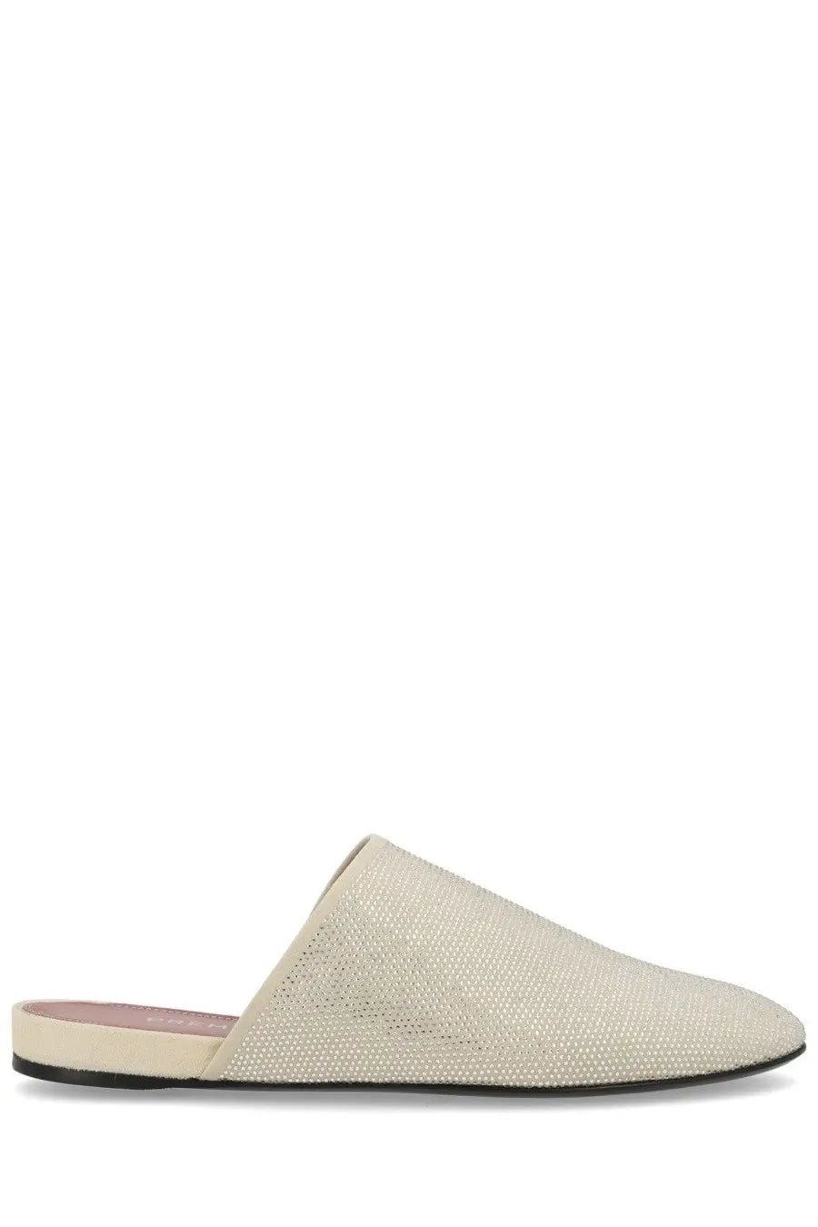 Cream-colored Premiata women’s leather slip-on mule with textured woven upper and flat sole in beige