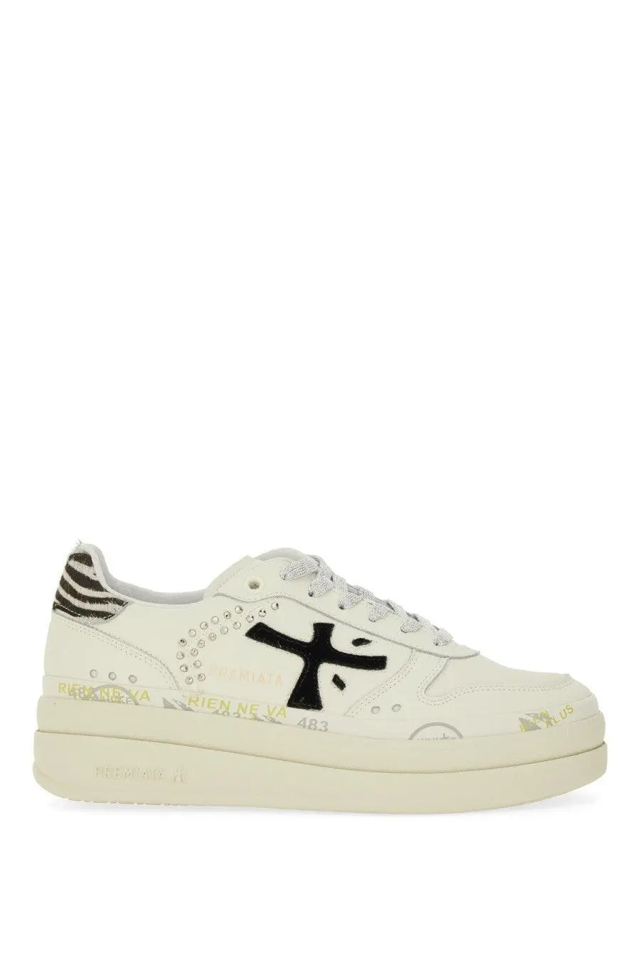 Premiata women’s Micol white sneaker with black logo, zebra-striped heel tab, and silver studs along the side