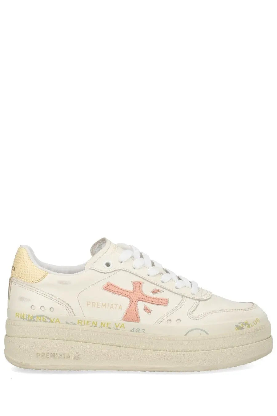 Premiata women’s Micol sneaker in cream with a distressed vintage look and peach gold branding details