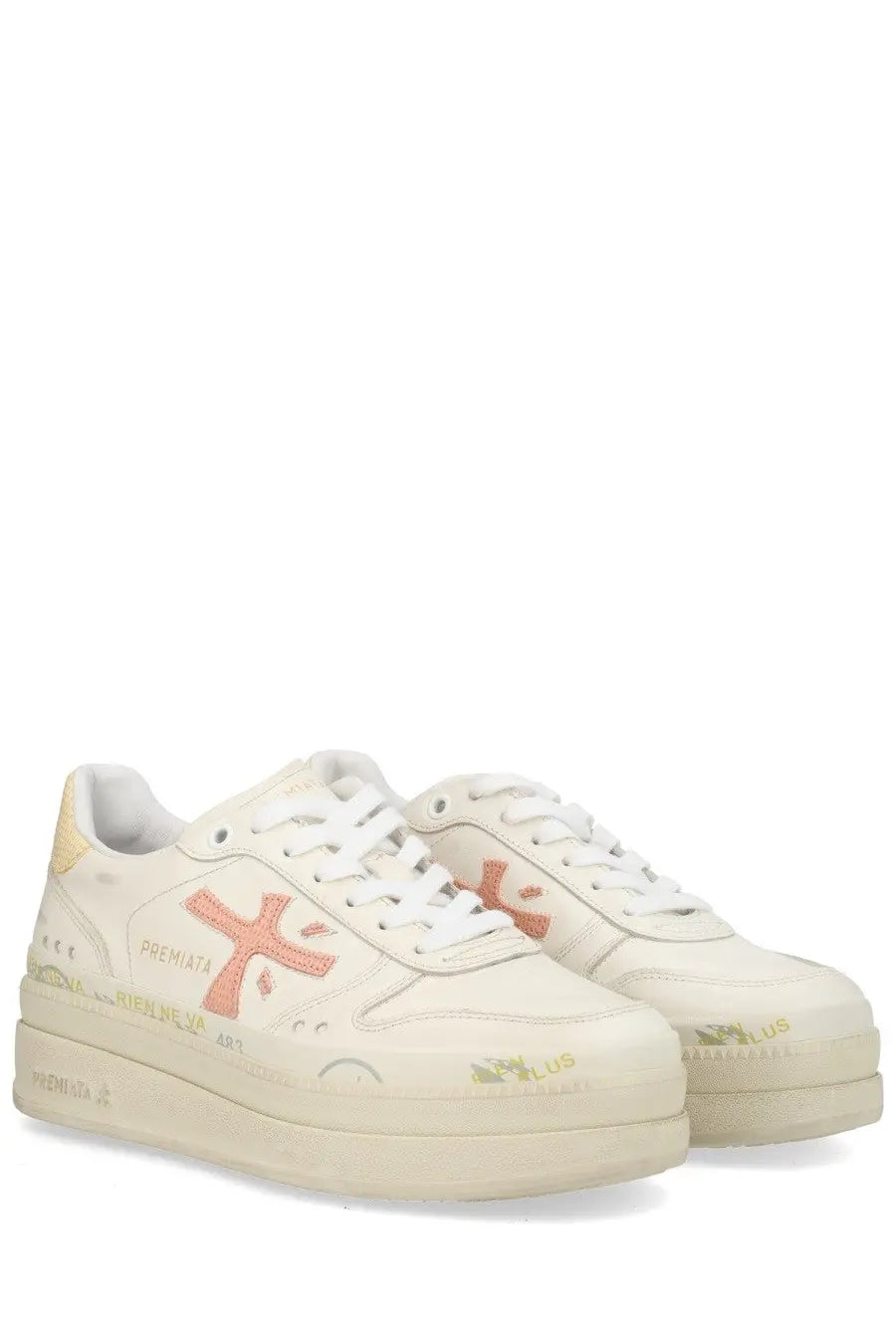 Premiata women’s Micol cream platform sneakers with distressed vintage look and peach-toned branding details