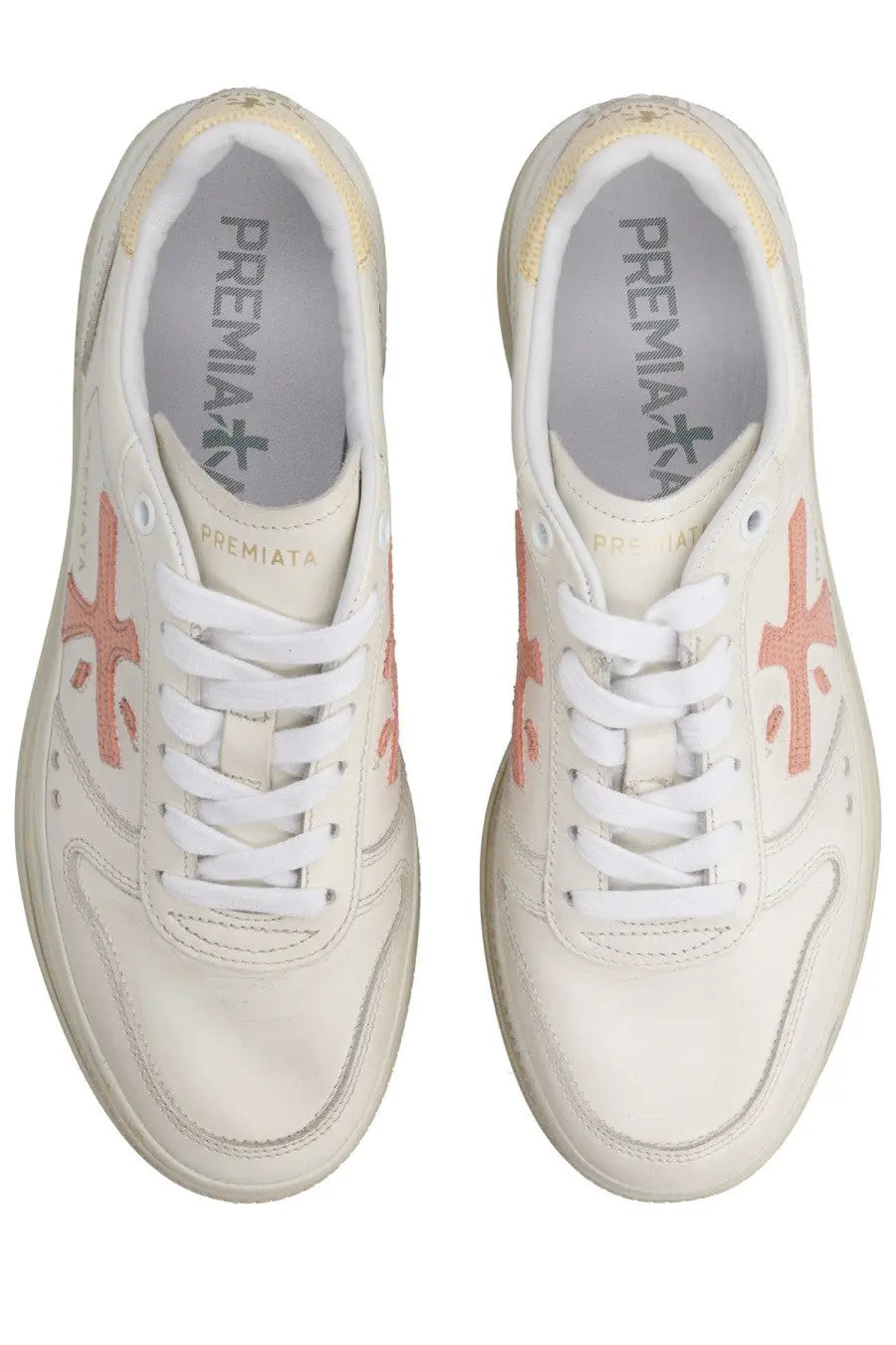 Premiata women’s Micol sneaker white with peach cross logos and white laces in a leather material design
