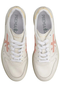 Premiata women’s Micol sneaker white with peach cross logos and white laces in a leather material design