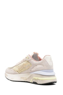 Premiata women’s moerund sneakers in pastel pink and beige with mesh panels suede overlays and chunky layered sole
