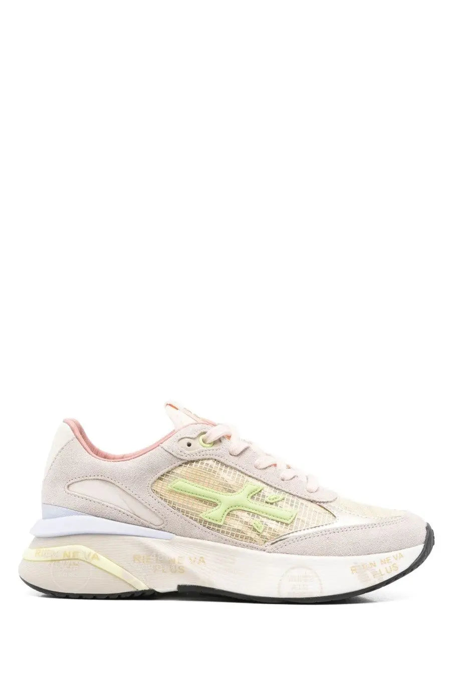 Premiata women’s Moerund sneakers in pastel pink and cream with lime green logo suede overlays and chunky white sole