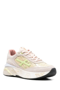 Premiata women’s moerund sneaker in pastel pink and cream with chunky white sole and neon green logo mesh paneling