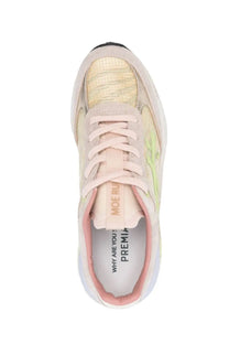 Premiata womens moerund sneakers in pastel pink and metallic gold with textured upper and neon green accents