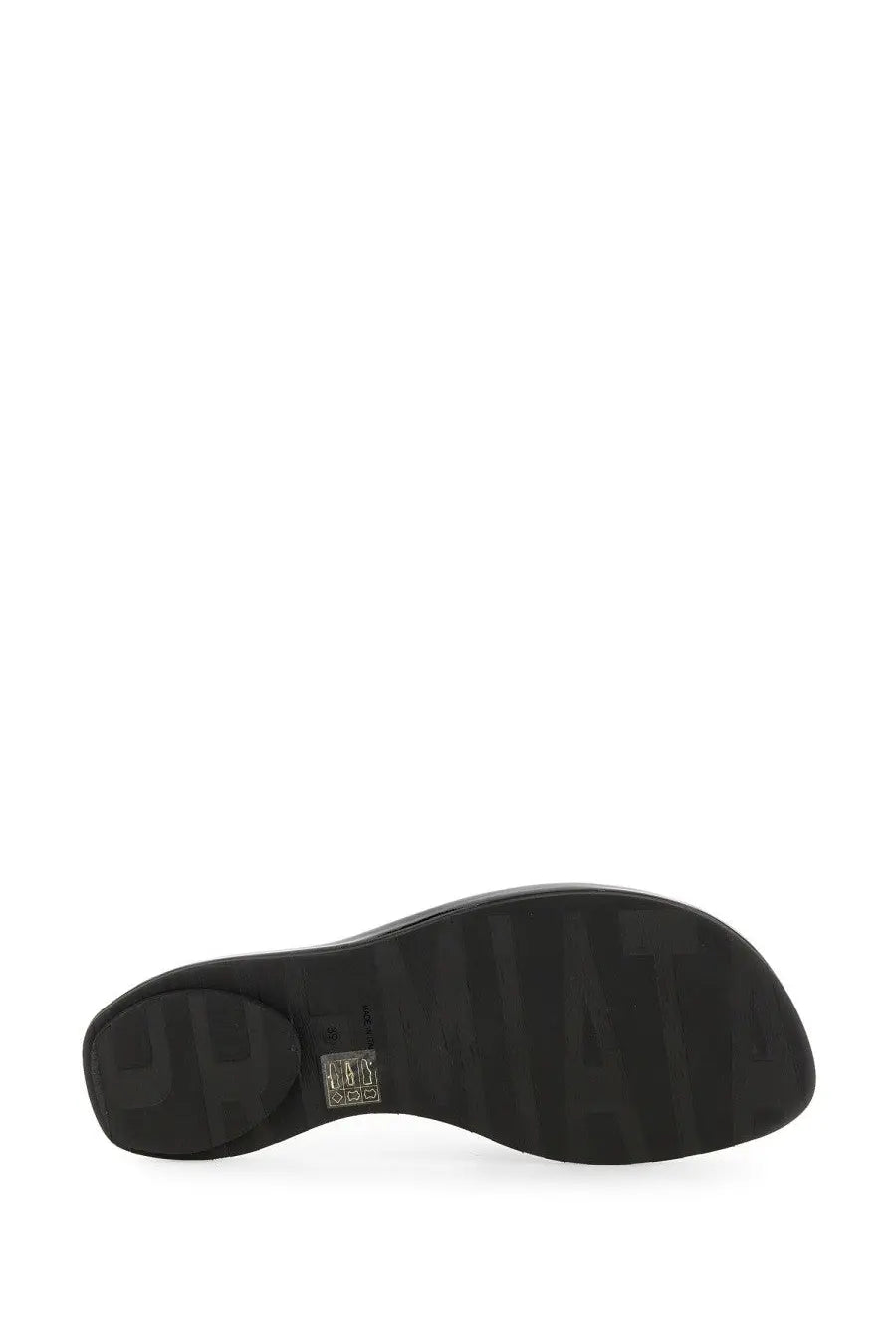 Black rubber sole with subtle texture and small brand label near the heel of premiata women’s slide sandal back side