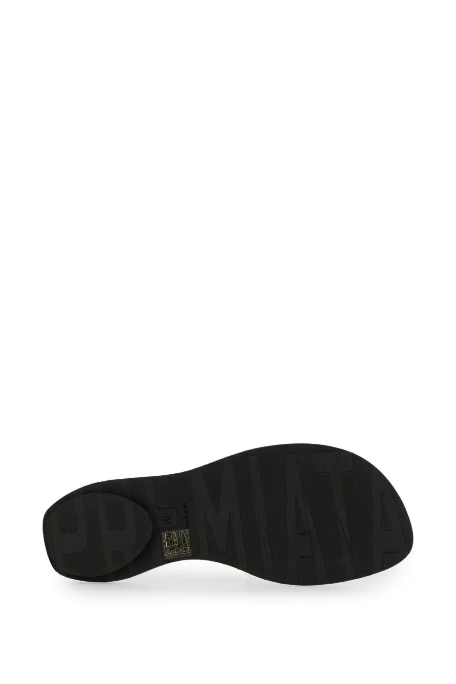 Back view of premieta women’s white slide sandal with black rubber sole and embossed upmate branding near heel
