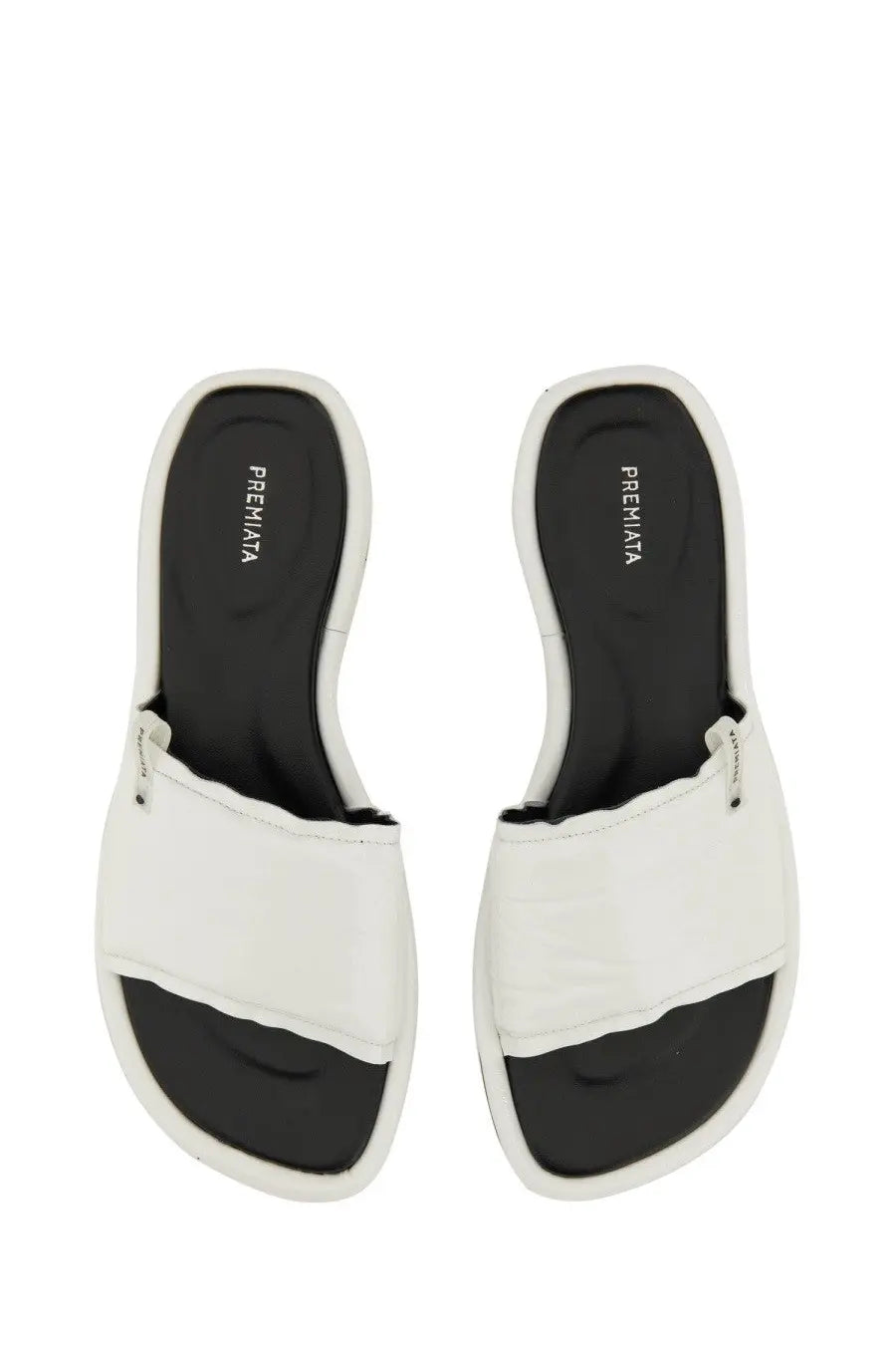 Premiata women’s slide sandal in white and black with a sleek minimalist design and comfortable slide style