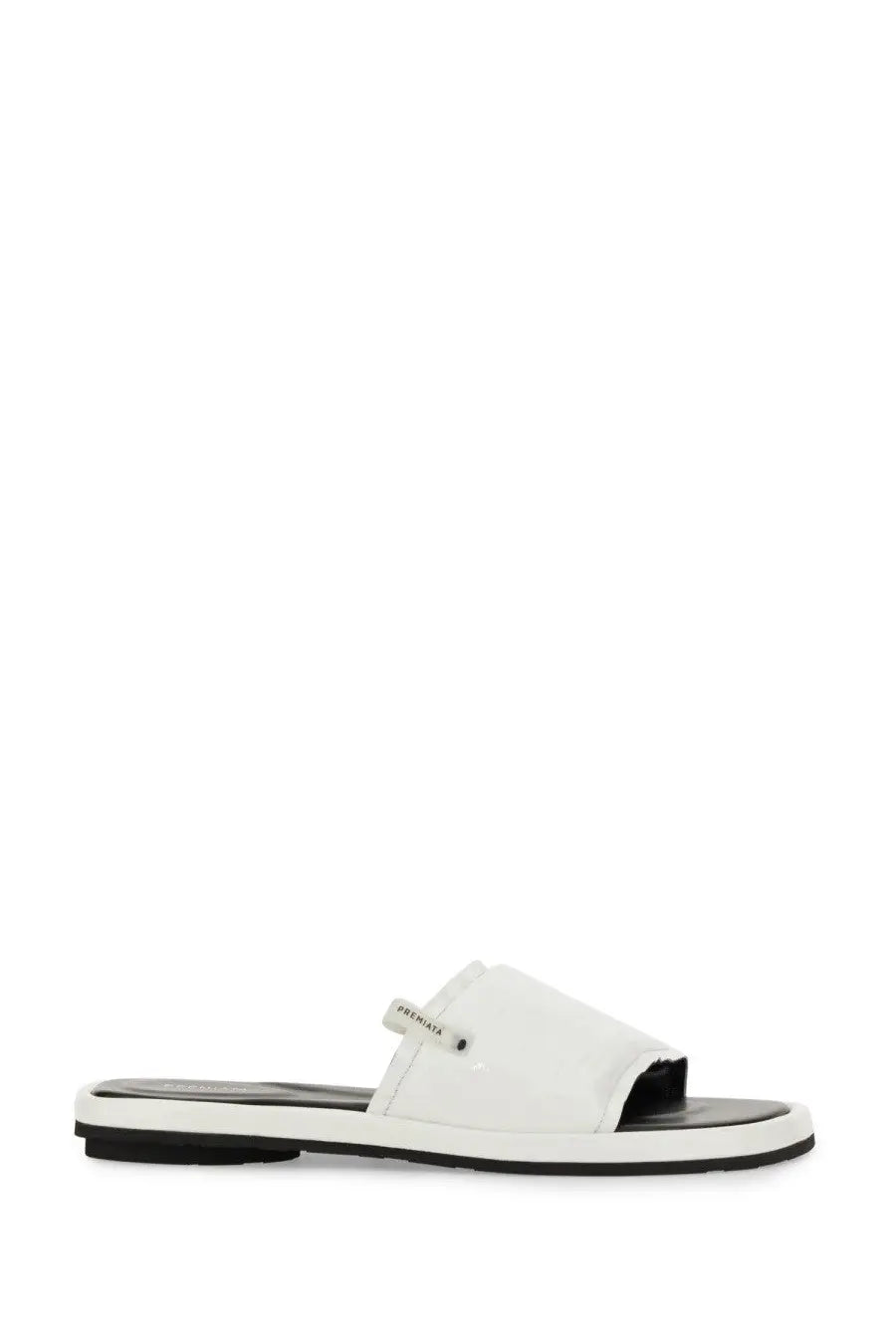Premiata women’s slide sandal in white patent leather with black rubber sole and small silver logo tag