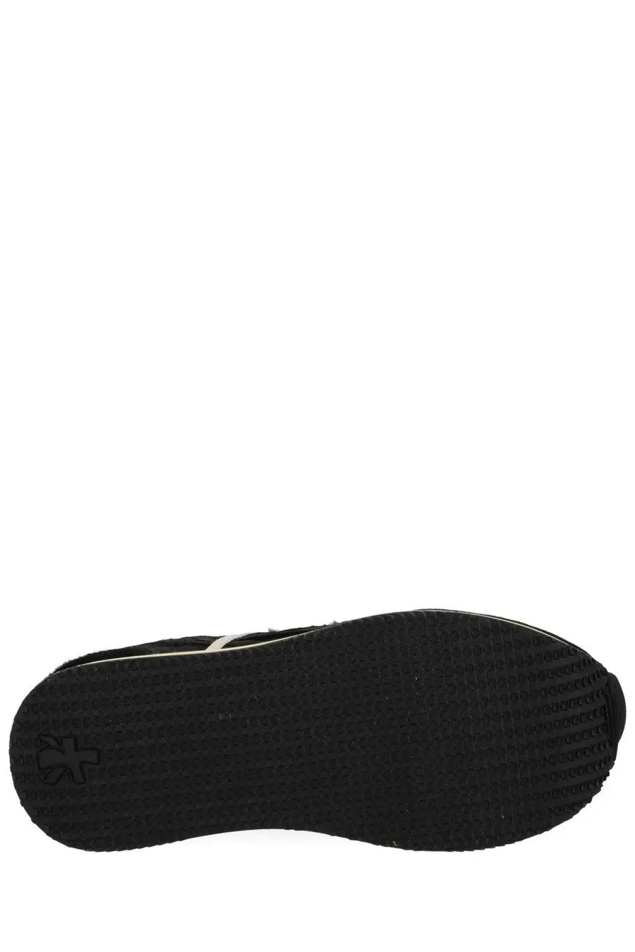 Black rubber sole with textured tread and embossed logo on the heel of premiata women’s sneaker beth blue