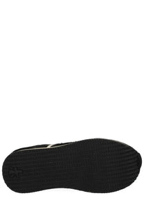 Black rubber sole with textured tread and embossed logo on the heel of premiata women’s sneaker beth blue