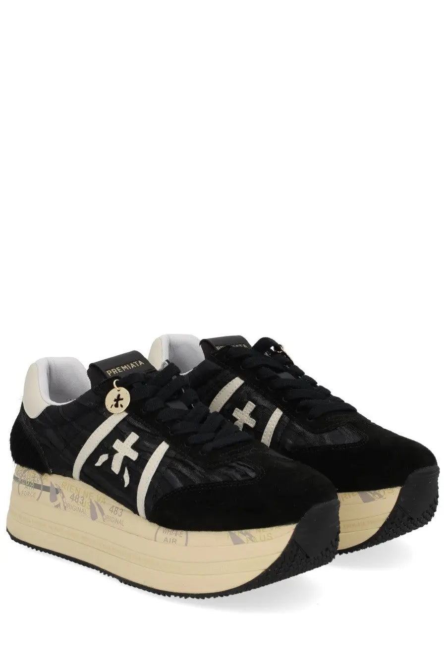 Premiata women’s sneaker beth blue in black suede with white graphic accents and cream-colored platform sole