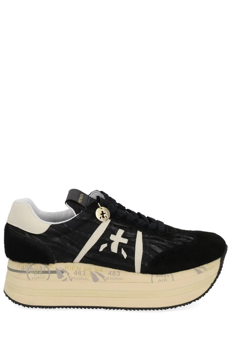 Black suede platform sneaker with white geometric accents and cream sole from premiata womens sneaker beth blue