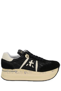 Black suede platform sneaker with white geometric accents and cream sole from premiata womens sneaker beth blue