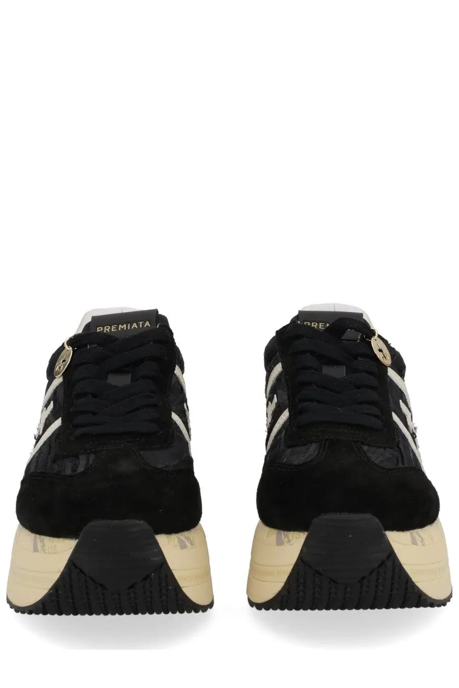 Premiata women’s sneaker Beth Blue black suede with white stripes cream platform sole and gold zippers on the tongue