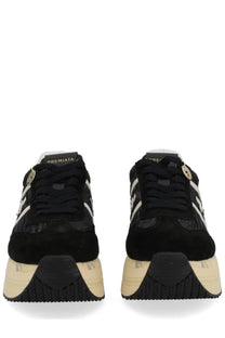 Premiata women’s sneaker Beth Blue black suede with white stripes cream platform sole and gold zippers on the tongue