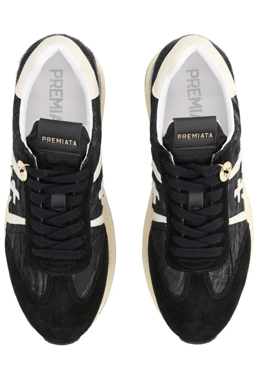 Premiata women’s sneaker Beth blue in black and white with textured suede uppers gold-tone eyelets and chunky rubber sole