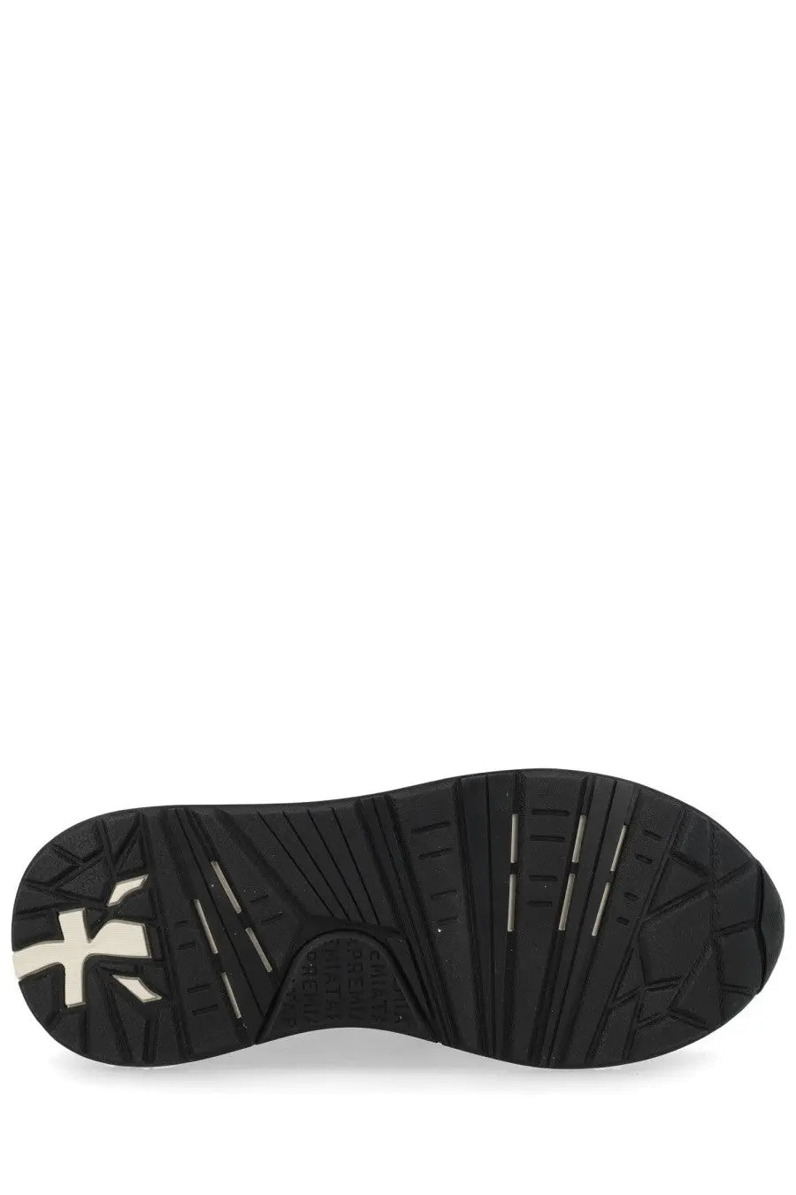 Back view of premiata women’s sneaker bethcoin white with black rubber sole white logo and silver accent lines