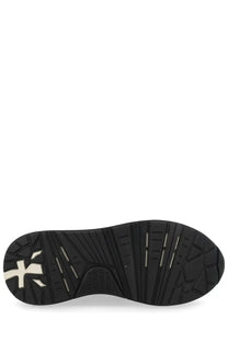 Back view of premiata women’s sneaker bethcoin white with black rubber sole white logo and silver accent lines