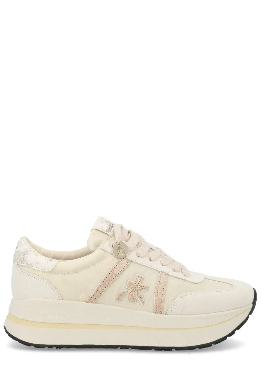 Premiata women’s cream-colored platform sneaker bethcoin white with subtle metallic logo and beige stitching