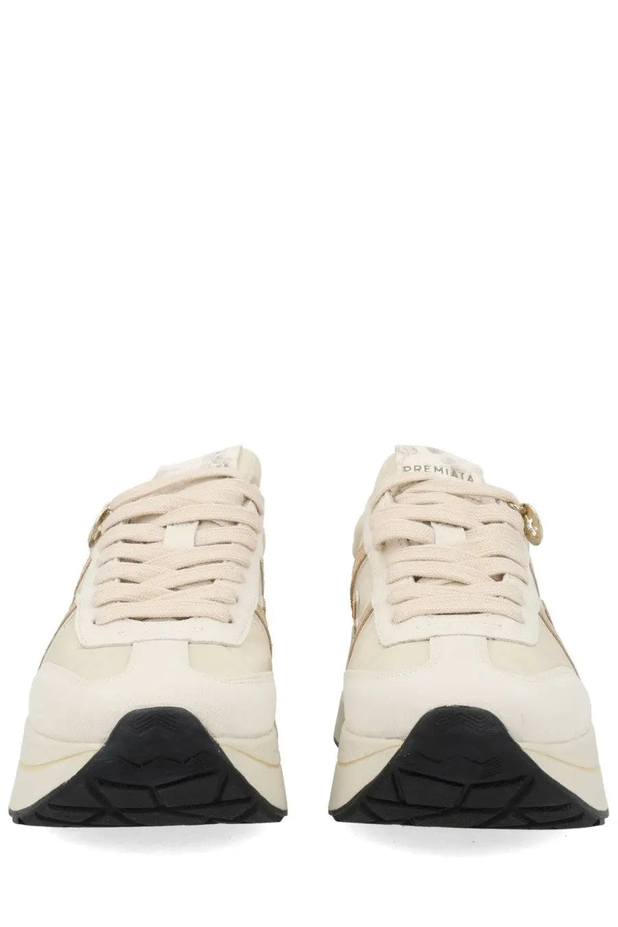 Premiata women’s sneaker bethcoin white in cream suede and mesh with black soles and gold-tone metal eyelet accent