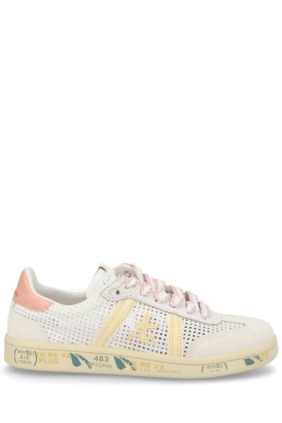 Premiata women’s white perforated sneaker with pink laces peach heel tab and yellow side stripes with gold cross emblem