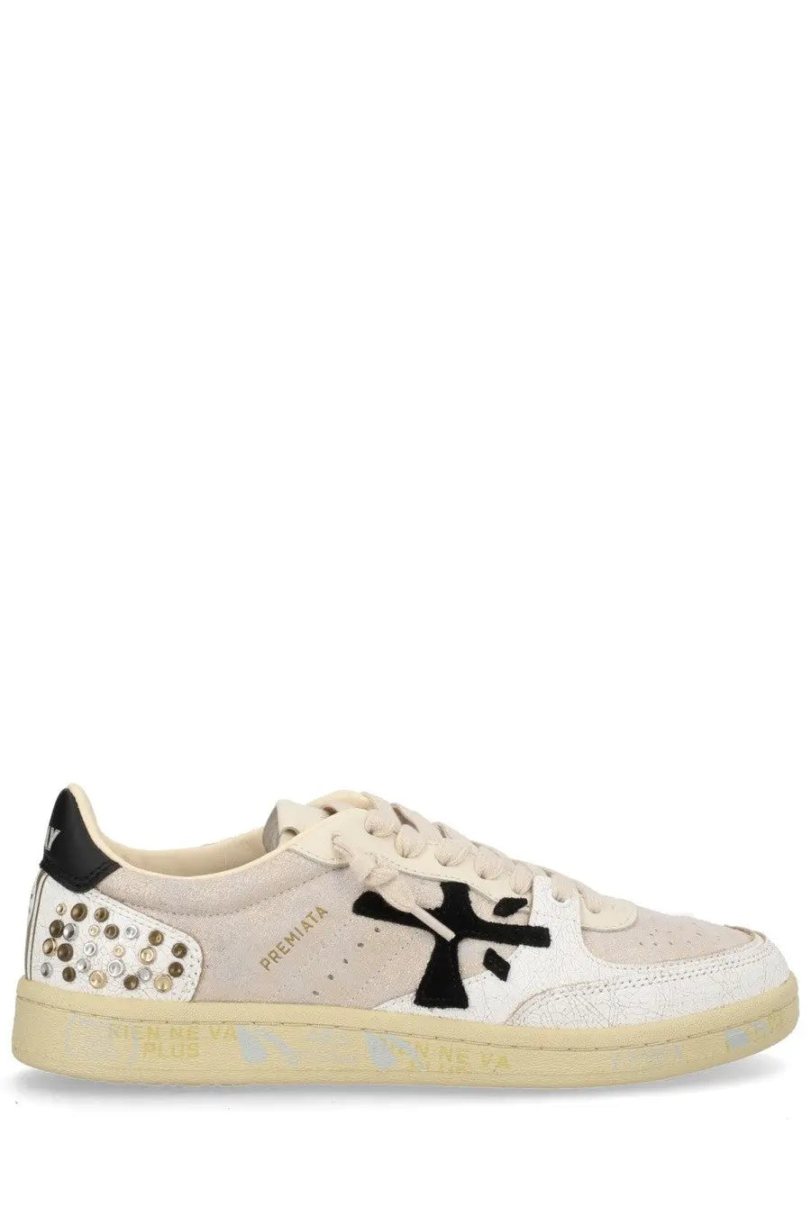 Premiata women’s sneaker bsktclad beige in cream with black suede logo and studded side panel accents