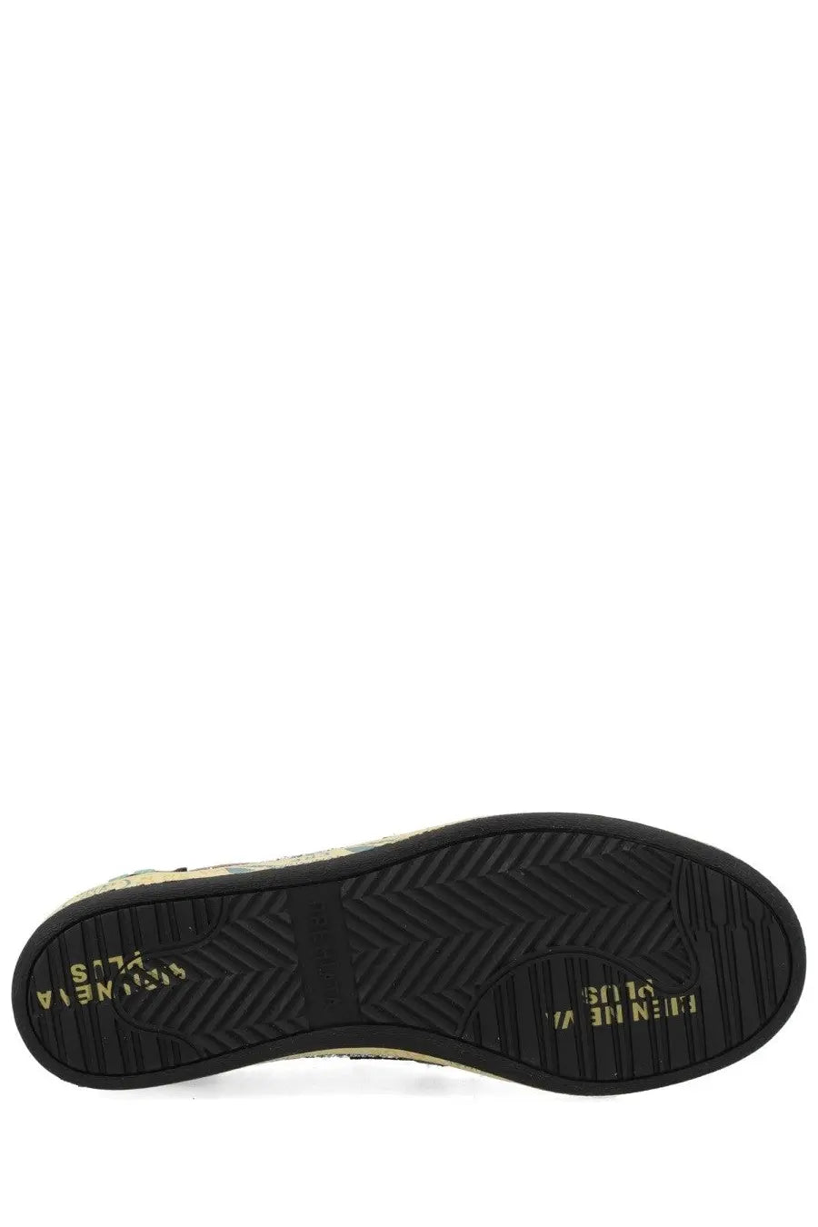 Back side of premia women’s sneaker bsktclad multicolor with black rubber sole and gold golden goose text on heel