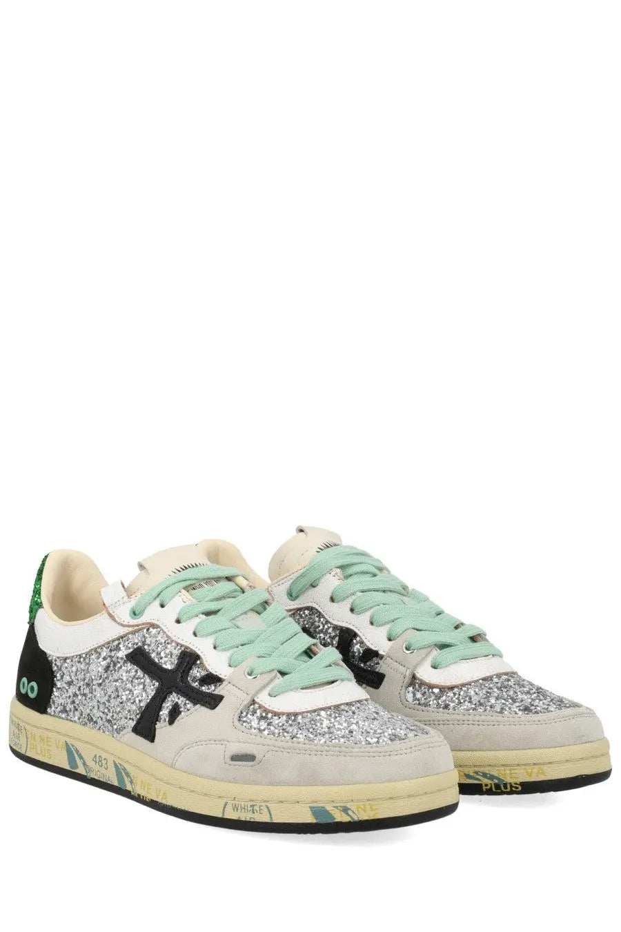Premiata women’s sneaker bsktclad multicolor with glittery off-white black low-top design and mint green laces