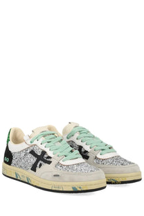 Premiata women’s sneaker bsktclad multicolor with glittery off-white black low-top design and mint green laces