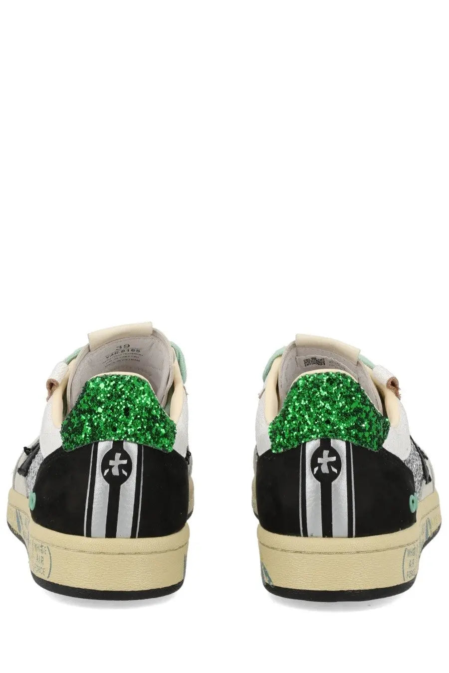 Premiata women’s sneaker bsktclad multicolor showing green glittery heel tab on black and white striped back side