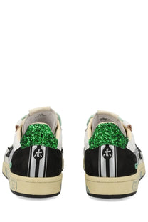 Premiata women’s sneaker bsktclad multicolor showing green glittery heel tab on black and white striped back side