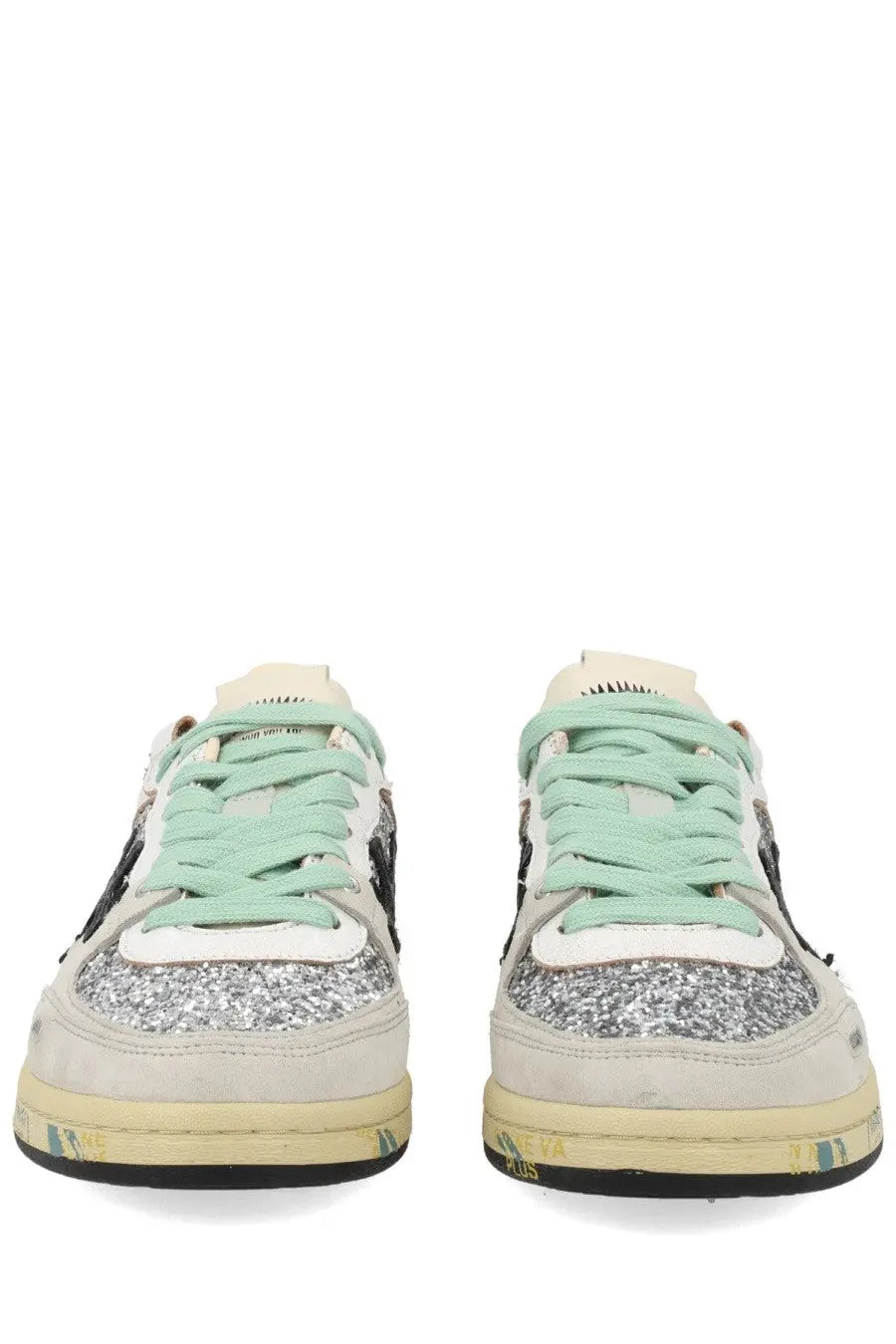 Premiata women’s sneaker bsktclad multicolor distressed white with glittery silver toe caps and mint green laces