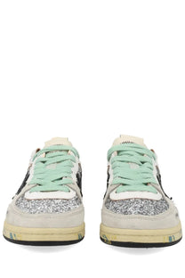 Premiata women’s sneaker bsktclad multicolor distressed white with glittery silver toe caps and mint green laces
