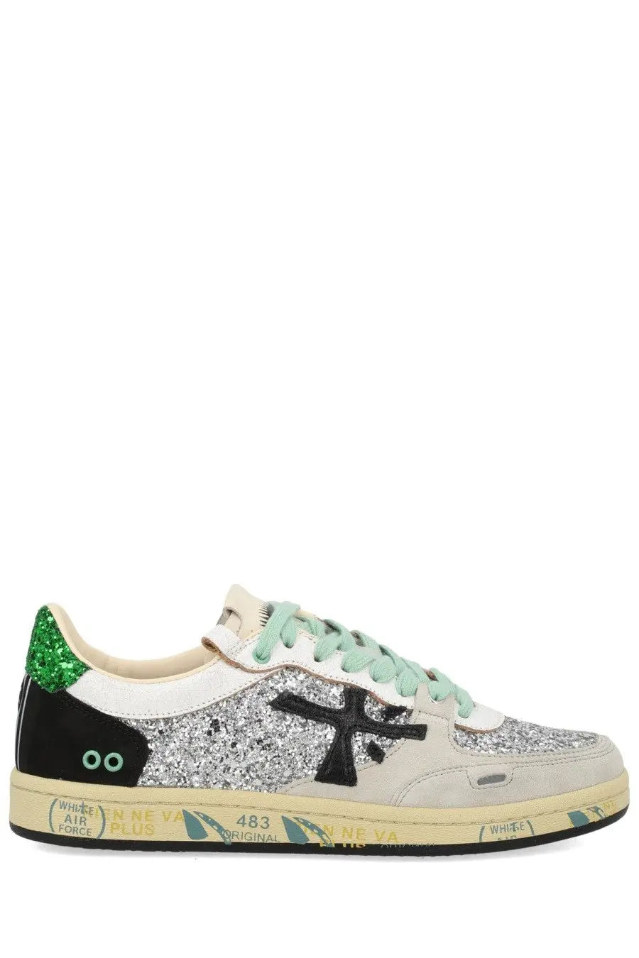 Premiata women’s sneaker bsktclad multicolor with white and black glitter, green sequined heel tab, and mint laces
