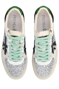 Premiata women’s sneaker bsktclad white with silver glitter accents mint green laces and black star logo on the side