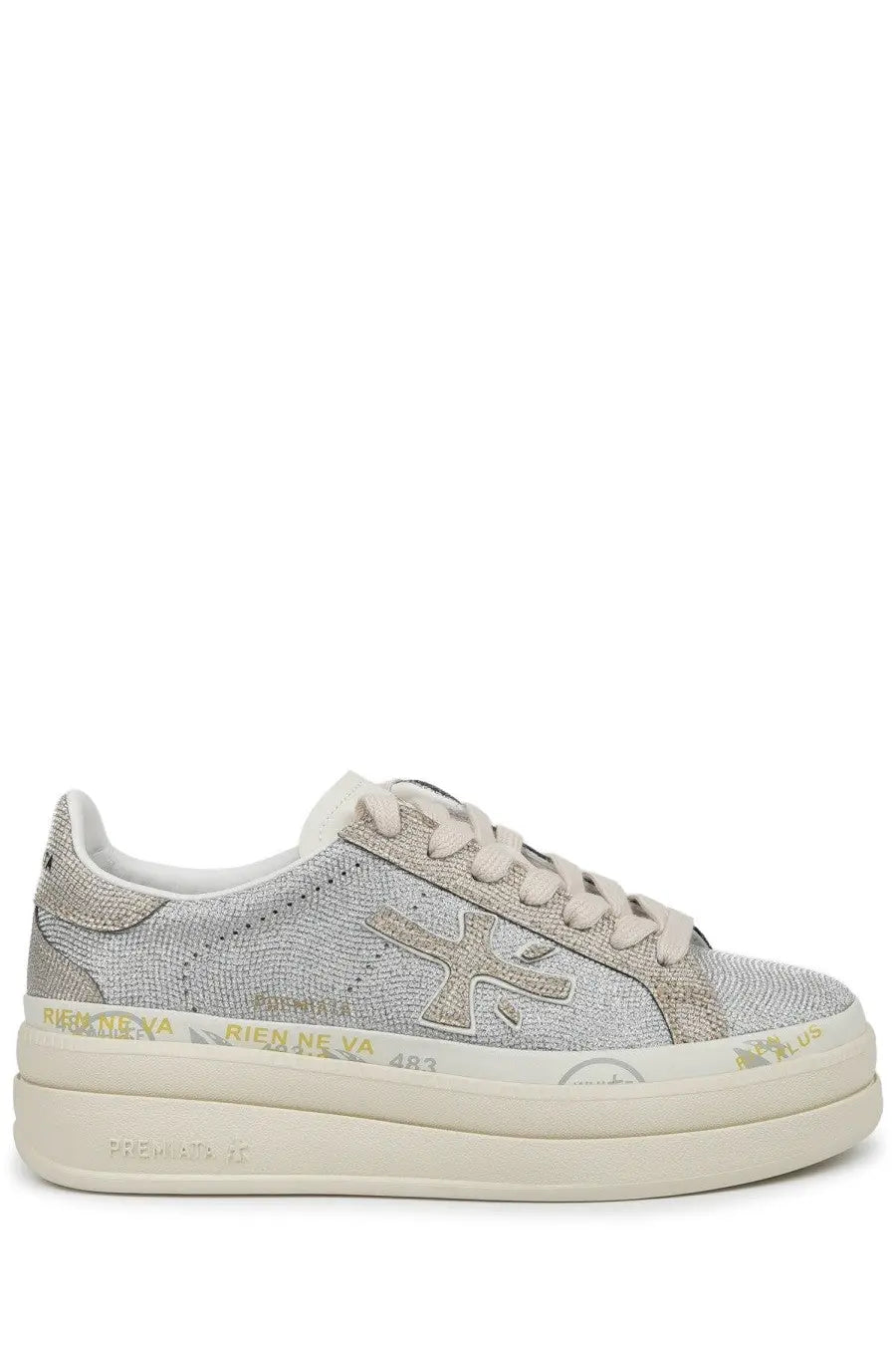 Premiata women’s sneaker Claudia grey with silver glitter textured upper white laces and gold lettering on the side