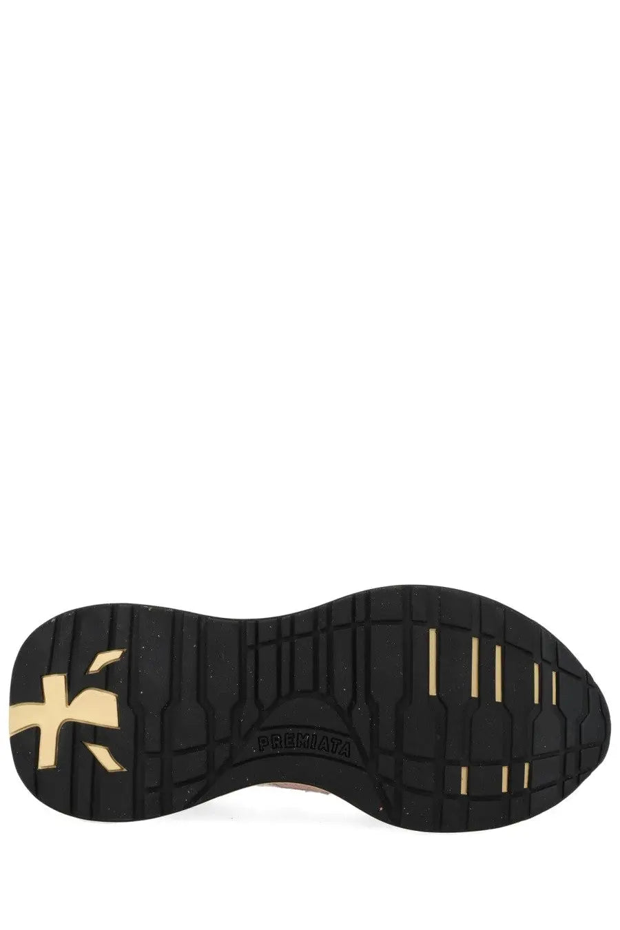 Close-up of black rubber sole with gold premita logo on womens sneaker lauryn blue