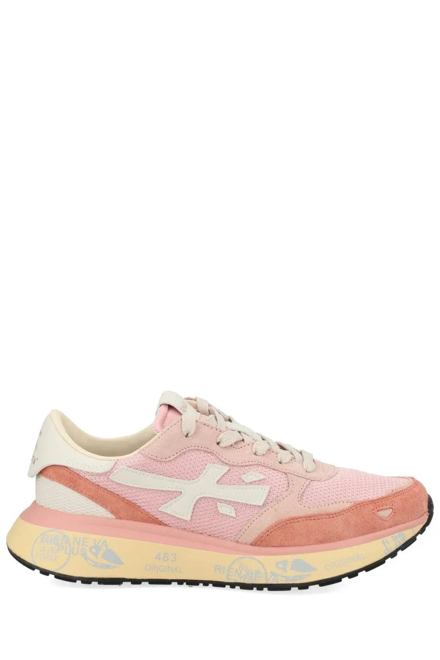Premiata women’s sneaker Lauryn Blue in pink and peach with white logo, mesh and suede materials for athletic use