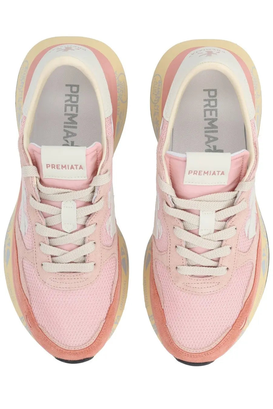 Premiata women’s sneaker Lauryn Blue in pink and peach with mesh upper white laces and chunky layered sole