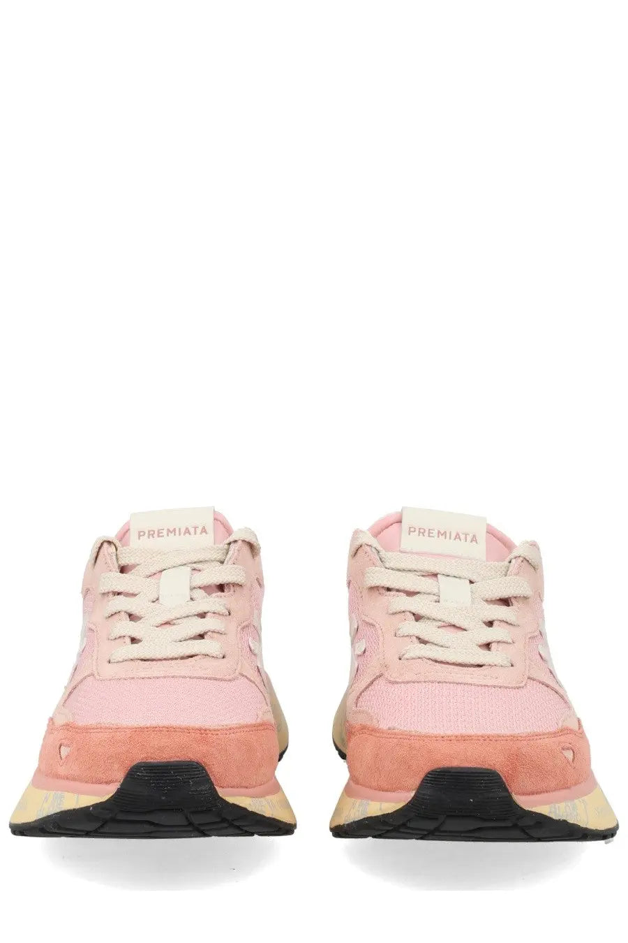 Premiata women’s sneaker Lauryn blue in pink suede and canvas with peach accents and black rubber soles