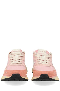 Premiata women’s sneaker Lauryn blue in pink suede and canvas with peach accents and black rubber soles