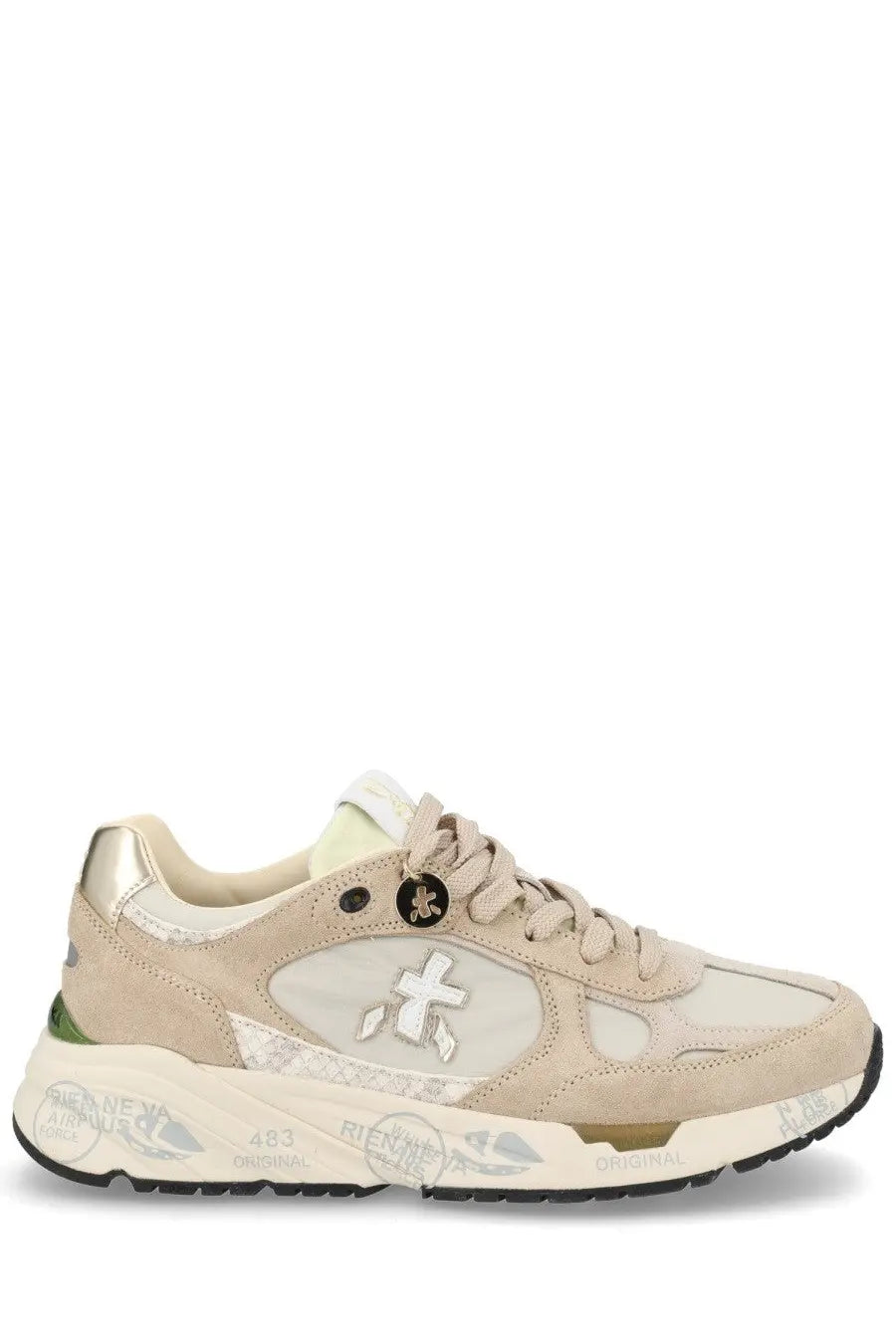 Premiata women’s sneaker mased beige with beige suede mesh, silver metallic accents, white sole, and black star eyelet detail