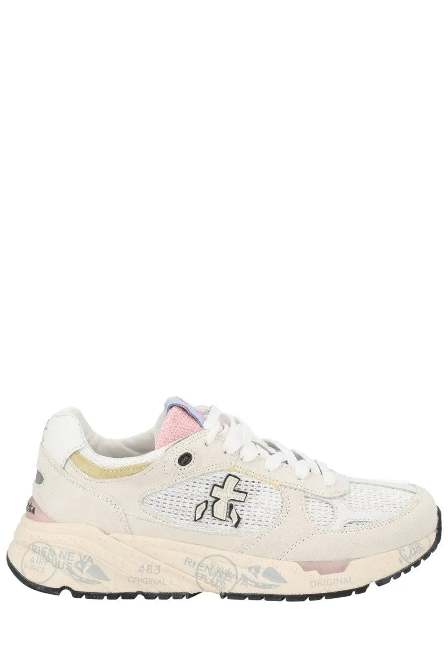 Premiata women’s sneaker Mased white cream alphafly with white mesh upper black logo and pink lace accents